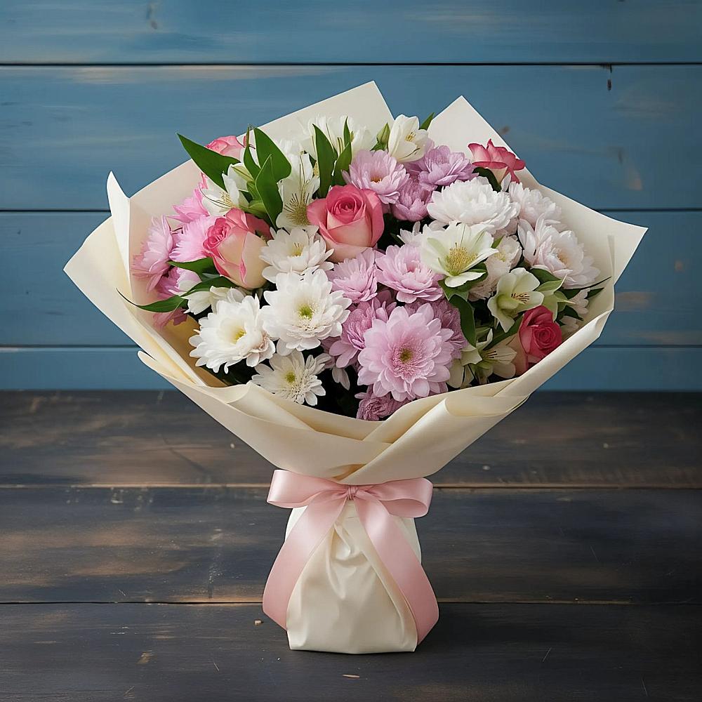 Букет цветов из: Хризантемы, Альстромерии и Розы в Афипском